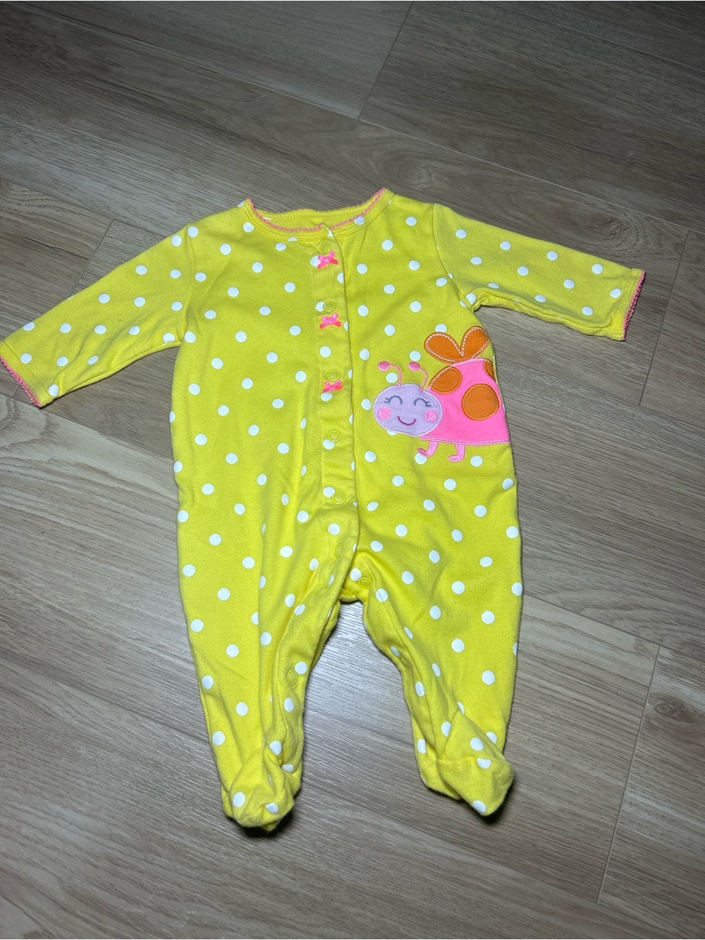 Carter's Yellow Polka Dot Footed One-Piece with Pink & Orange Bug